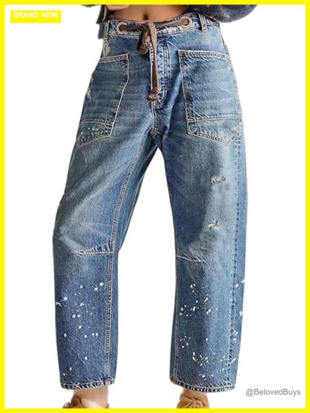 Mid-Low Rise Barrel Jeans with Drawstring Elastic Waist